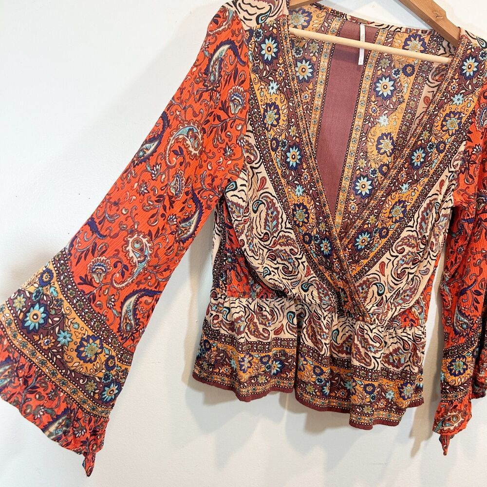 Free People Orange Blue Gold Faux Wrap Peplum Bell Sleeves Top Fairy Boho Hippie